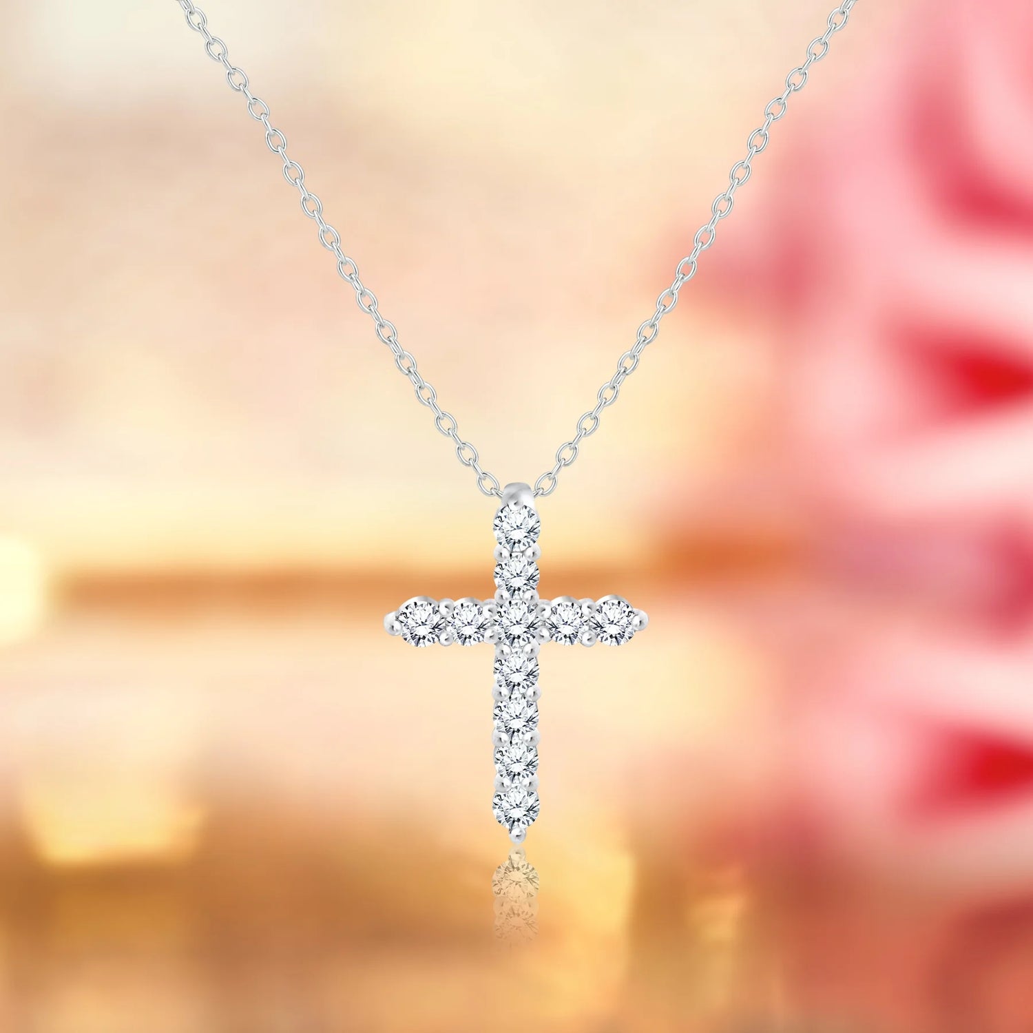 Shared-Prong 0.10 TCW Round Shape Diamond Pave Style Cross Pendant Necklace – 18K White Gold Plated over Sterling Silver