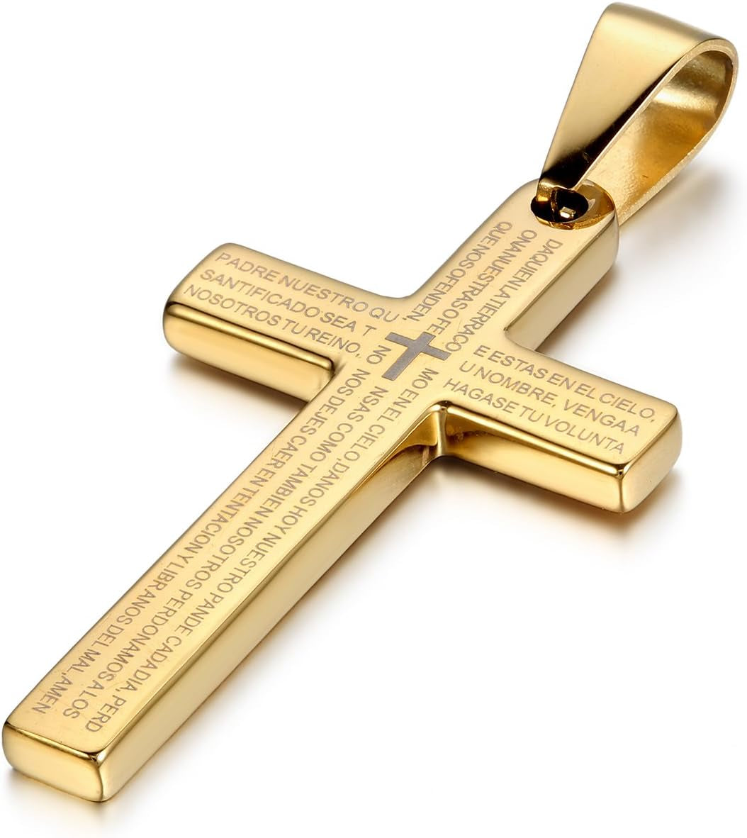 Men’s Stainless Steel Religious Bible Lord’s Prayer Cross Pendant Necklace – 22&quot; Chain | Christian Faith Jewelry