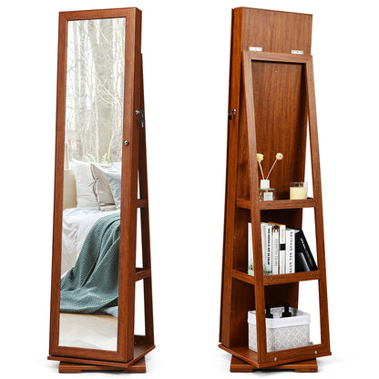 360Degree Rotatable Jewelry Cabinet 2-In-1 Lockable Mirrored Organizer Brown