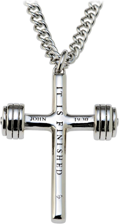 Men’s 14K Gold Plated &amp; Stainless Steel Dumbbell Cross Pendant Necklace – Inscribed with John 19:30 | Faith &amp; Fitness Christian Gift