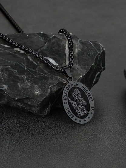 Saint/St. Christopher Pendant Necklace for Men Women Stainless Steel Catholic Christian Oval Medal Blessings Amulet Black Men Jewelry Gift for Dad Grandpa Fathers Day