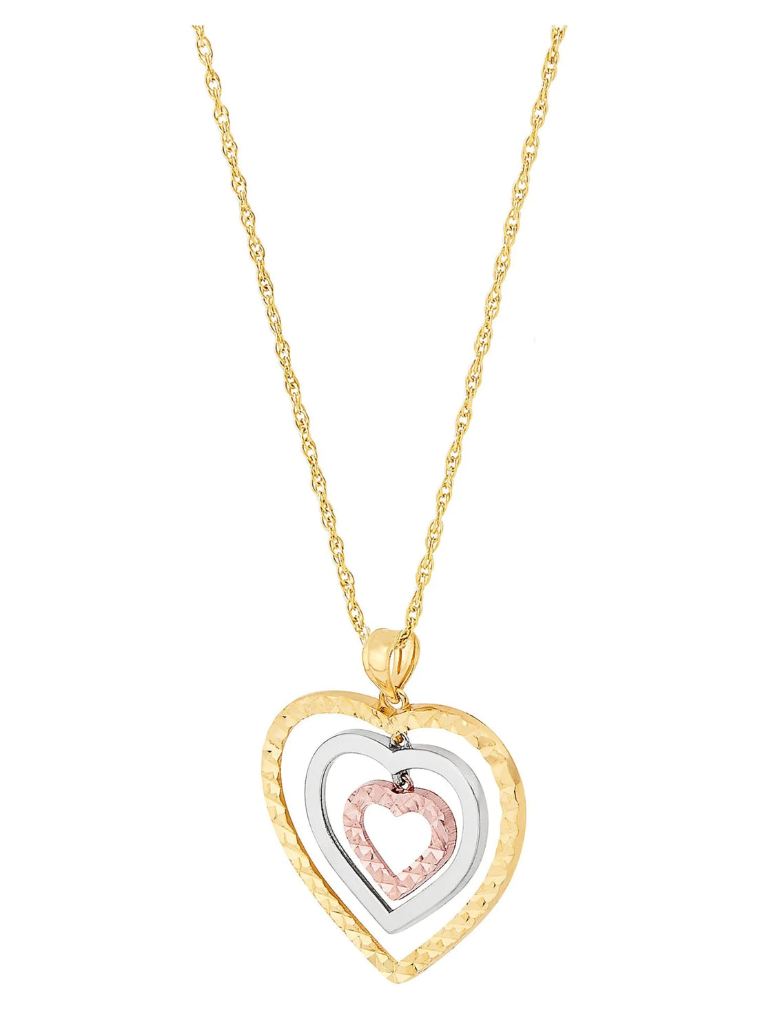 10K Tri-Tone Gold Triple Open Heart Pendant Necklace, 18&quot;
