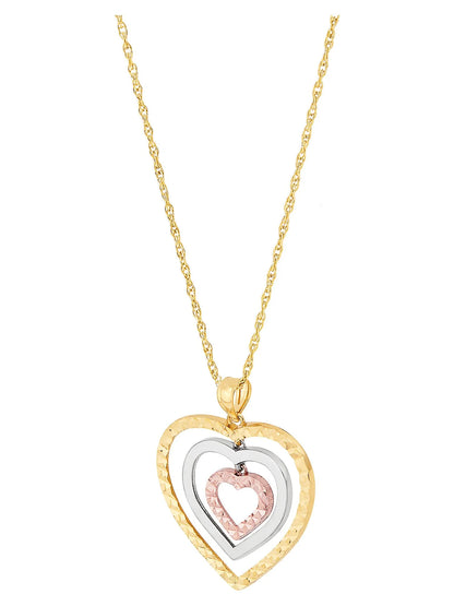 10K Tri-Tone Gold Triple Open Heart Pendant Necklace, 18&quot;