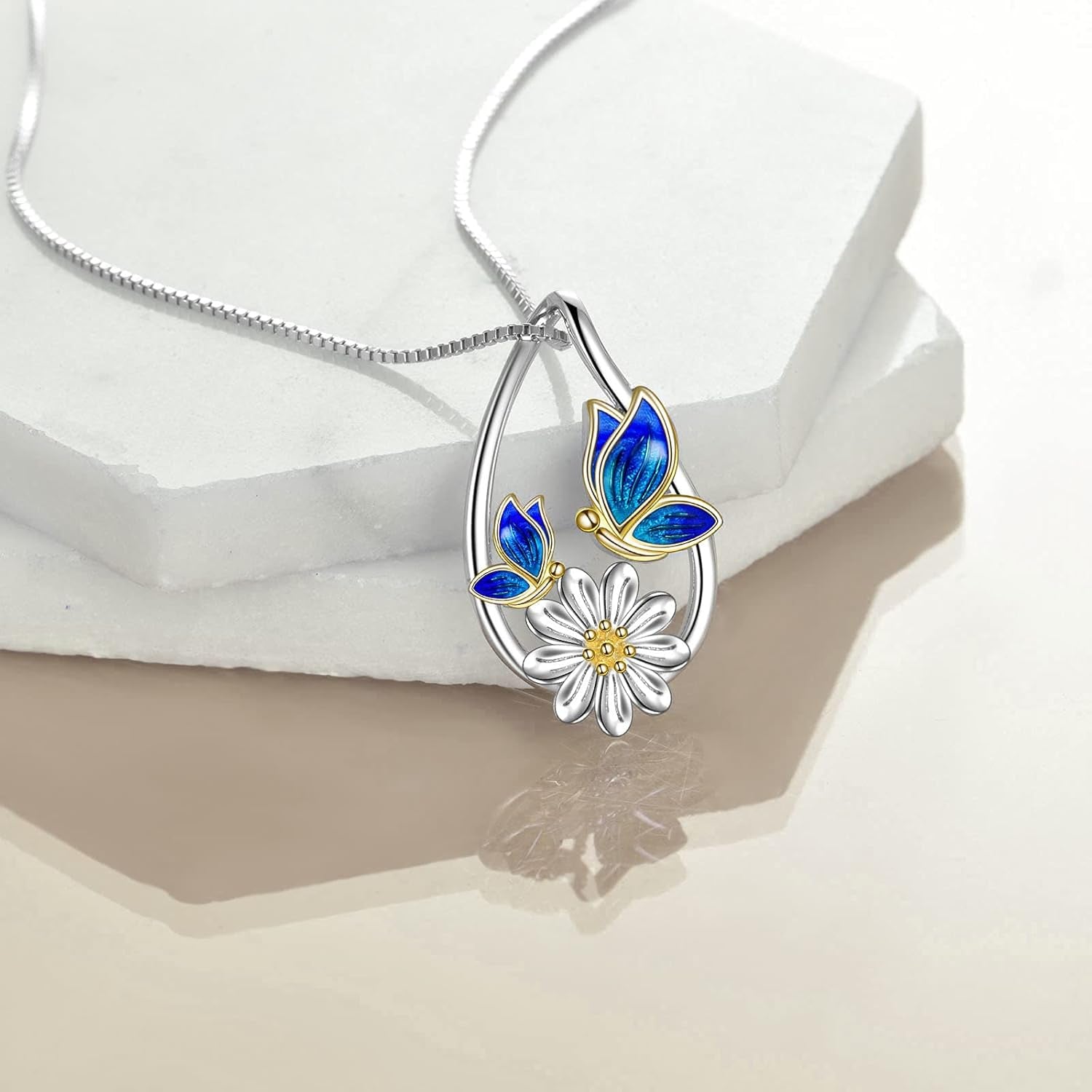 Butterfly Teardrop Daisy Flower Pendant Necklace – Sterling Silver Jewelry Gift for Women &amp; Teens
