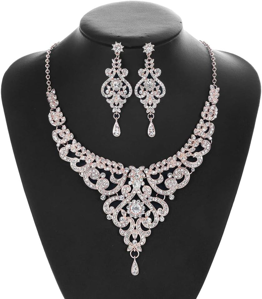 Crystal Wedding Jewelry Set for Women – Rose Gold &amp; Silver Bridal Necklace and Earrings Set – Elegant Statement Jewelry for Brides