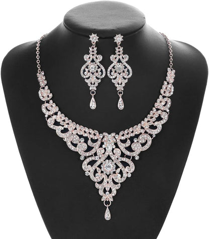 Crystal Wedding Jewelry Set for Women – Rose Gold &amp; Silver Bridal Necklace and Earrings Set – Elegant Statement Jewelry for Brides