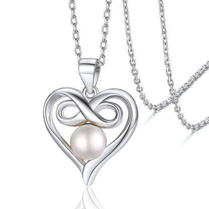 Sterling Silver Heart Infinity Necklace with Freshwater Pearl – Elegant Gift for Her