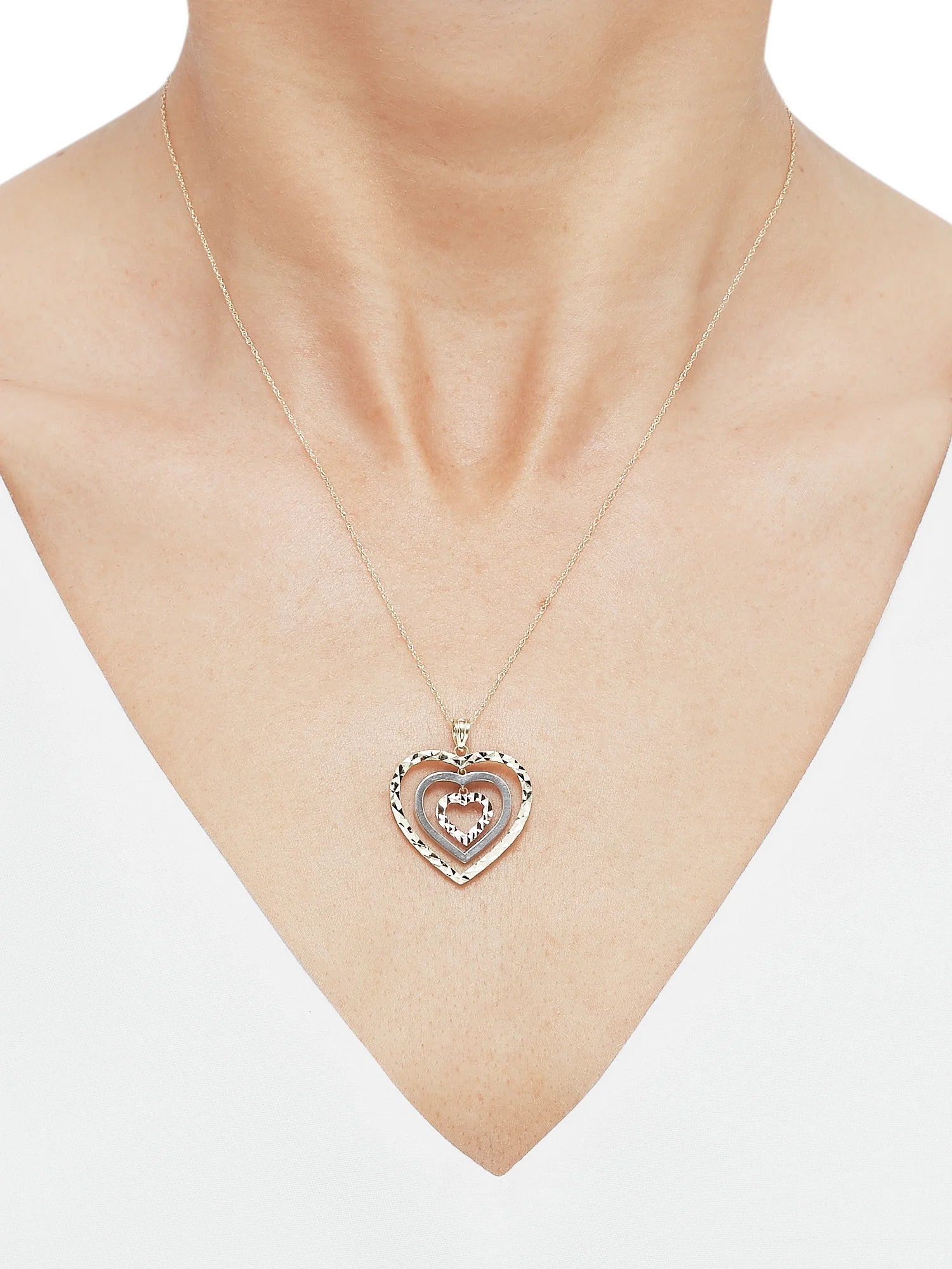 10K Tri-Tone Gold Triple Open Heart Pendant Necklace, 18&quot;