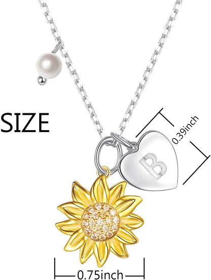 Sterling Silver Gold Tone Sunflower Initial Necklace – Personalized A–Z Script Alphabet Pendant for Women &amp; Girls
