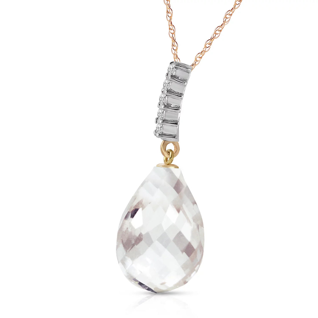14K Yellow Gold Necklace with Diamond &amp; Briolette Drop White Topaz – 18&quot; Elegant Pendant