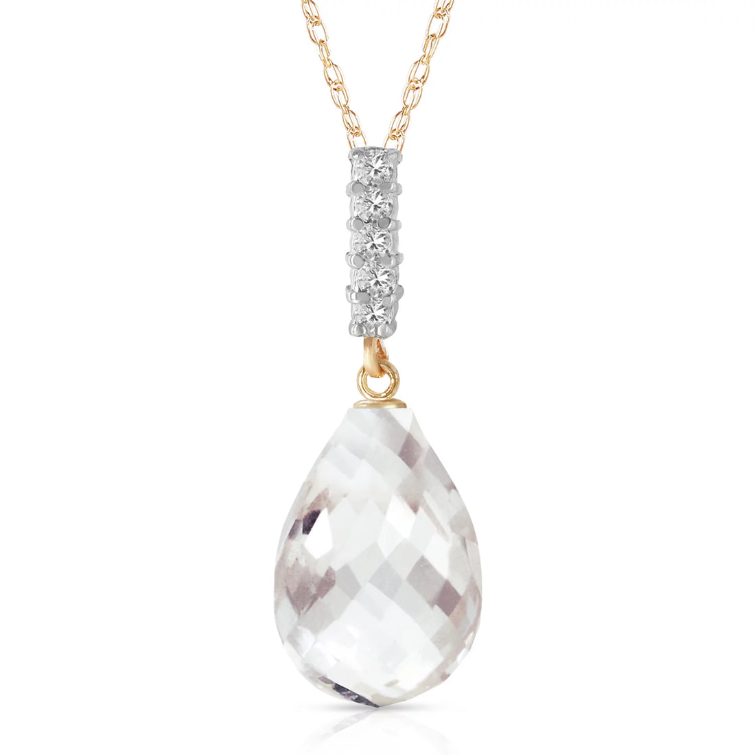 14K Yellow Gold Necklace with Diamond &amp; Briolette Drop White Topaz – 18&quot; Elegant Pendant