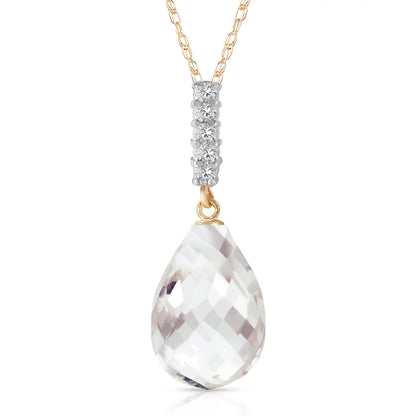 14K Yellow Gold Necklace with Diamond &amp; Briolette Drop White Topaz – 18&quot; Elegant Pendant