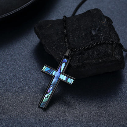 925 Sterling Silver Black Cross Necklace with Abalone Shell Inlay