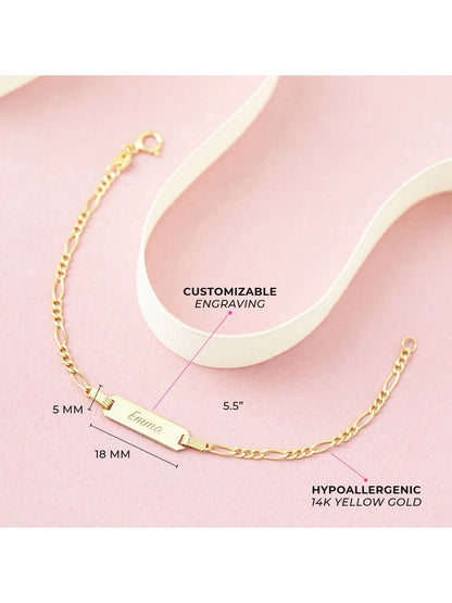 14K Yellow Gold Engravable Figaro Chain ID Bracelet for Baby Girls &amp; Boys – Safe for Sensitive Skin, 5.5&quot; Length, Gift Box Included