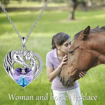 Purple Heart &amp; Horse Pendant Necklace – Sterling Silver Animal Lover Gift for Her