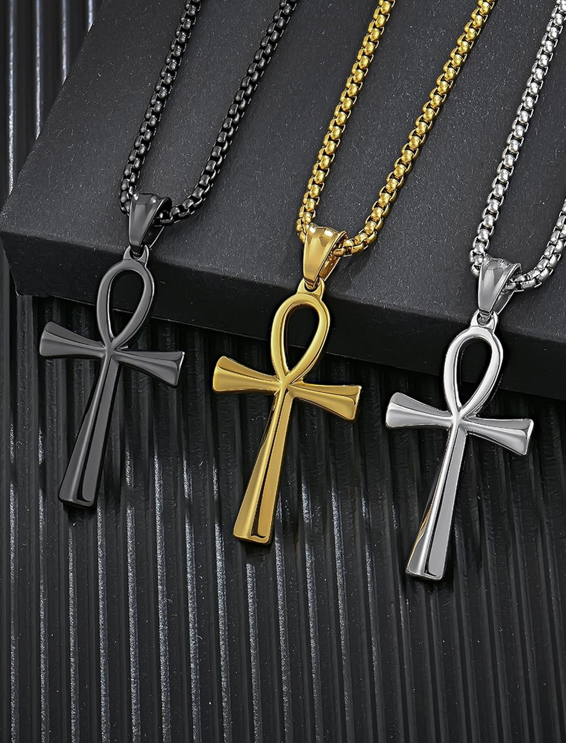Men’s Cross Necklace – 316L Stainless Steel Jesus Ankh Pendant with Rolo Chain
