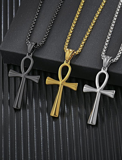 Men’s Cross Necklace – 316L Stainless Steel Jesus Ankh Pendant with Rolo Chain