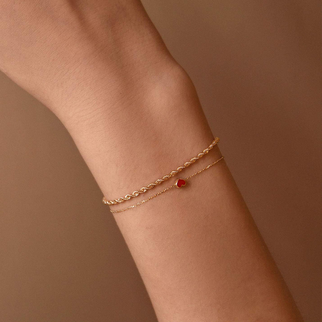 14K Solid Gold Red Heart Bracelet for Women, Adjustable 6+1 Inch Dainty Chain