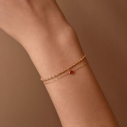 14K Solid Gold Red Heart Bracelet for Women, Adjustable 6+1 Inch Dainty Chain