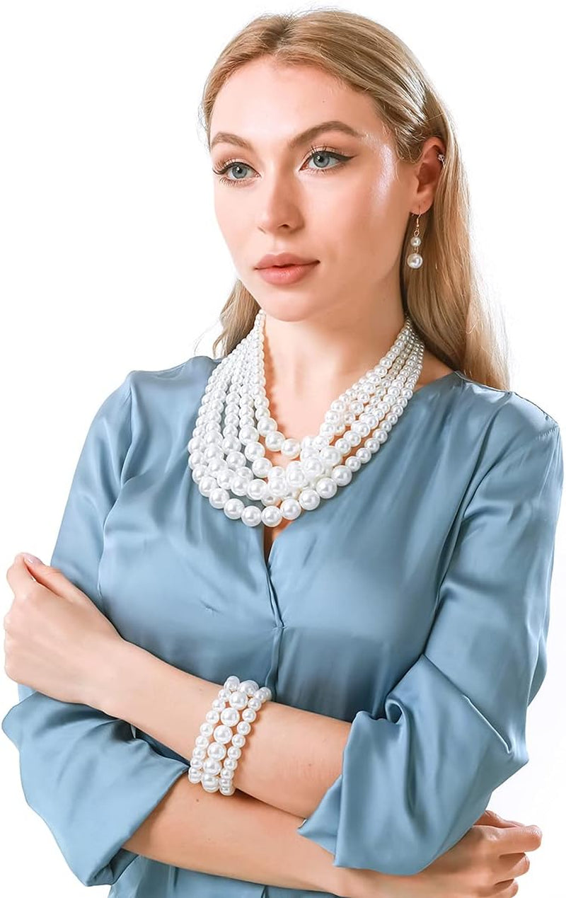 Large Multi-Strand Faux Pearl Necklace, Bracelet &amp; Earrings Set – Elegant Costume Jewelry for Women