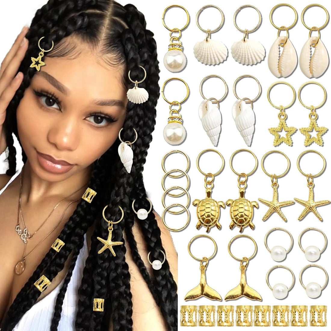 40PCS Shell Hair Jewelry Set – Gold Braids Clips, Starfish, Pearl &amp; Seashell Hair Accessories for Women