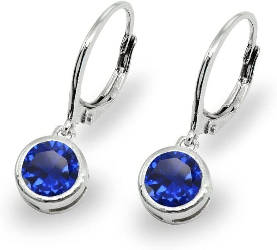 Birthstone Dangle Earrings for Women – 6mm Round Bezel-Set Leverback Earrings in Sterling Silver or Gold Flash