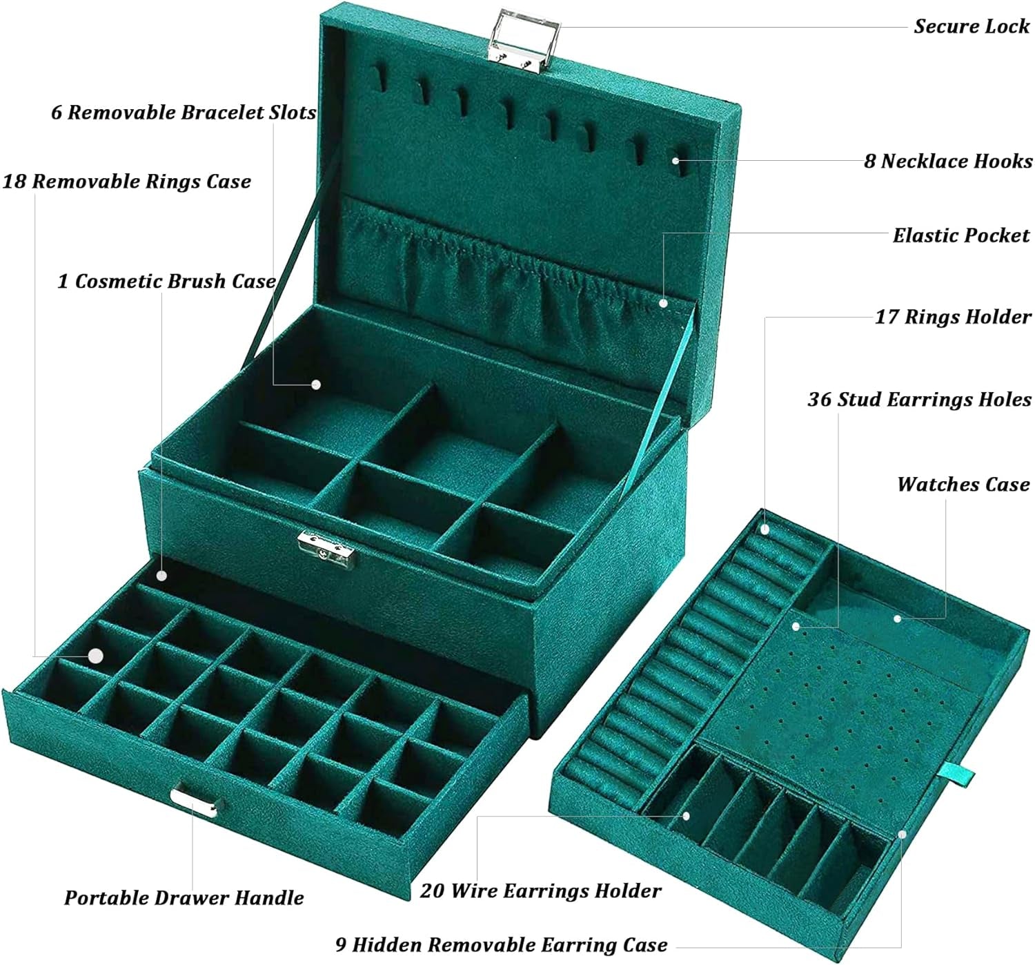 Green Velvet Jewelry Box for Women – Lockable Organizer for Necklaces, Earrings, Rings &amp; Bracelets – Elegant Teen Jewelry Storage Case