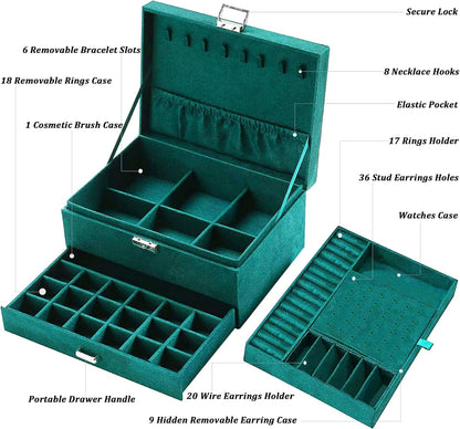 Green Velvet Jewelry Box for Women – Lockable Organizer for Necklaces, Earrings, Rings &amp; Bracelets – Elegant Teen Jewelry Storage Case