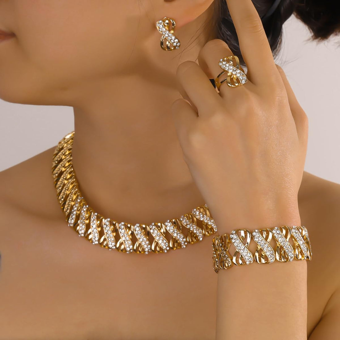 Liffly 18K Gold Tone Crystal Jewelry Set – Necklace, Earrings, Bracelet &amp; Adjustable Ring for Women