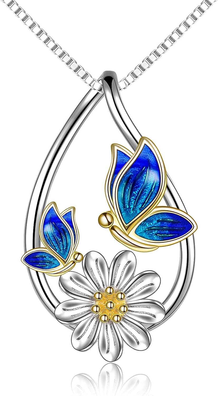Butterfly Teardrop Daisy Flower Pendant Necklace – Sterling Silver Jewelry Gift for Women &amp; Teens