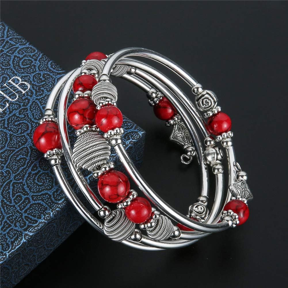 Beaded Chakra Turquoise Wrap Bracelet – Fashion Jewelry with Thick Silver &amp; Mala Beads, Gift for Women