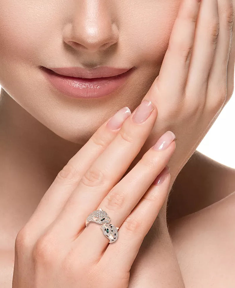 EFFY® Diamond &amp; Emerald Double Panther Head Ring in 14K Rose Gold