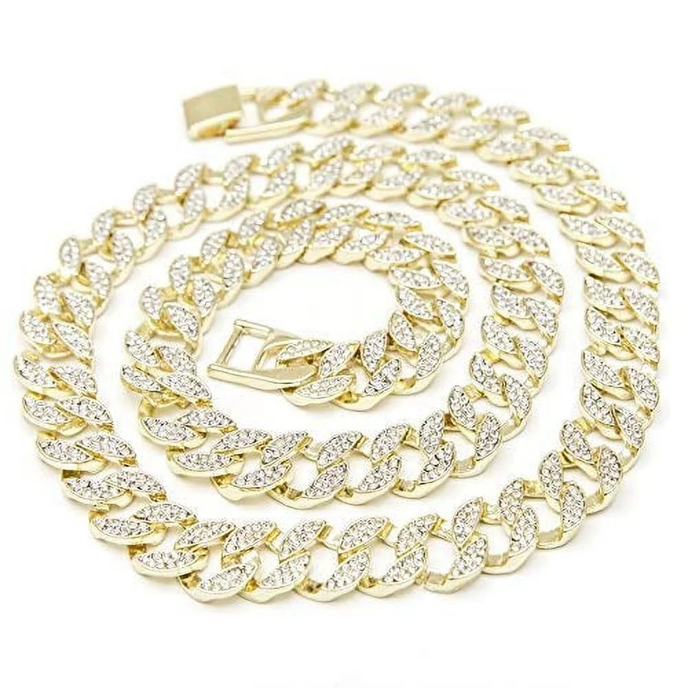 Blinged-Out Cuban Necklace with Matching Bracelet &amp; Fire Iced-Out Timepiece – Boujee 3-Piece Set 2023 (Gold/Gold, CNBW ST10226)