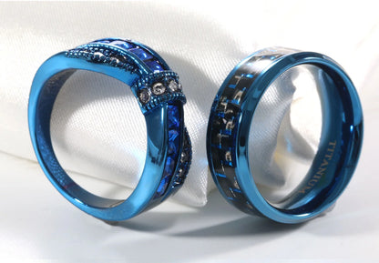 2 Blue Matching Couple Rings – 1CT AAA Cubic Zirconia Women’s Wedding Rings Set