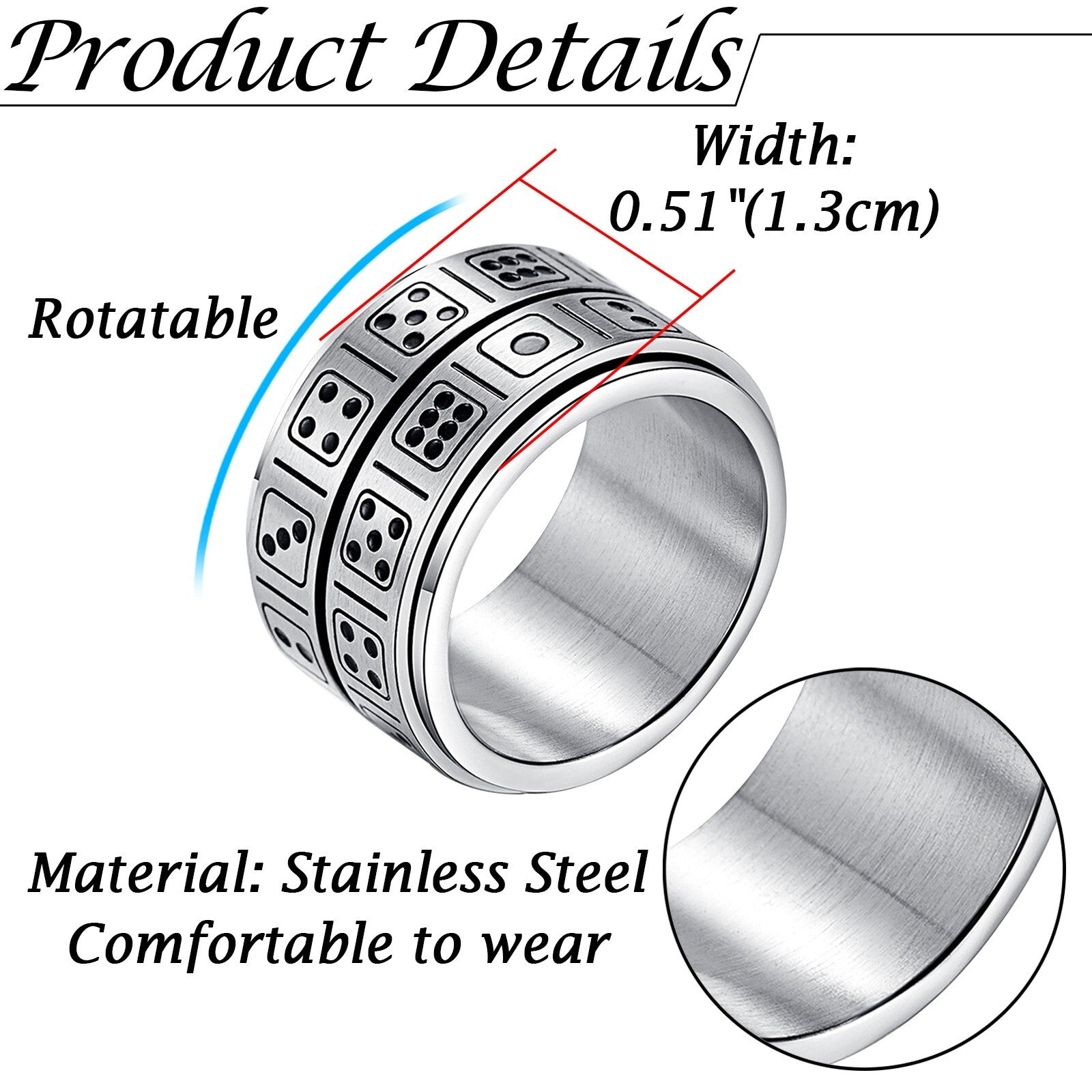 13MM Men’s Dice Spinner Ring – Anti-Anxiety Fidget Band for Stress Relief | Wide Stainless Steel Ring