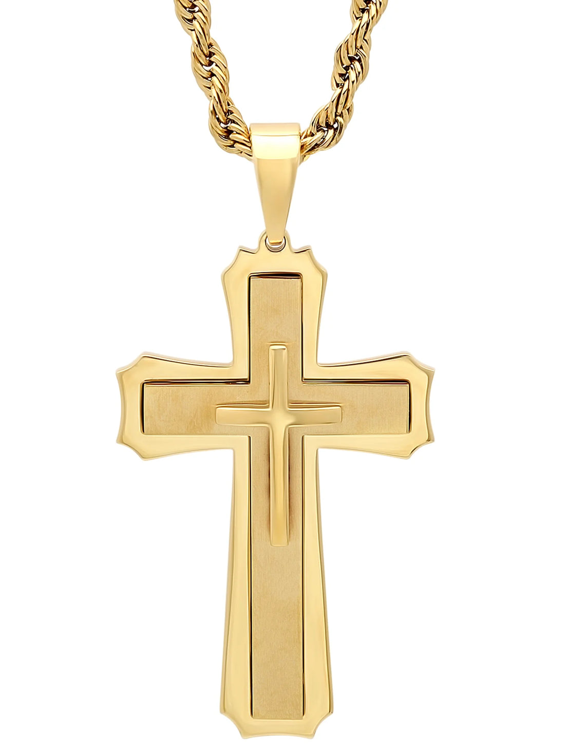 Men’s Gold-Tone Stainless Steel Stacked Cross Pendant Necklace – Layered Religious Jewelry with Chain