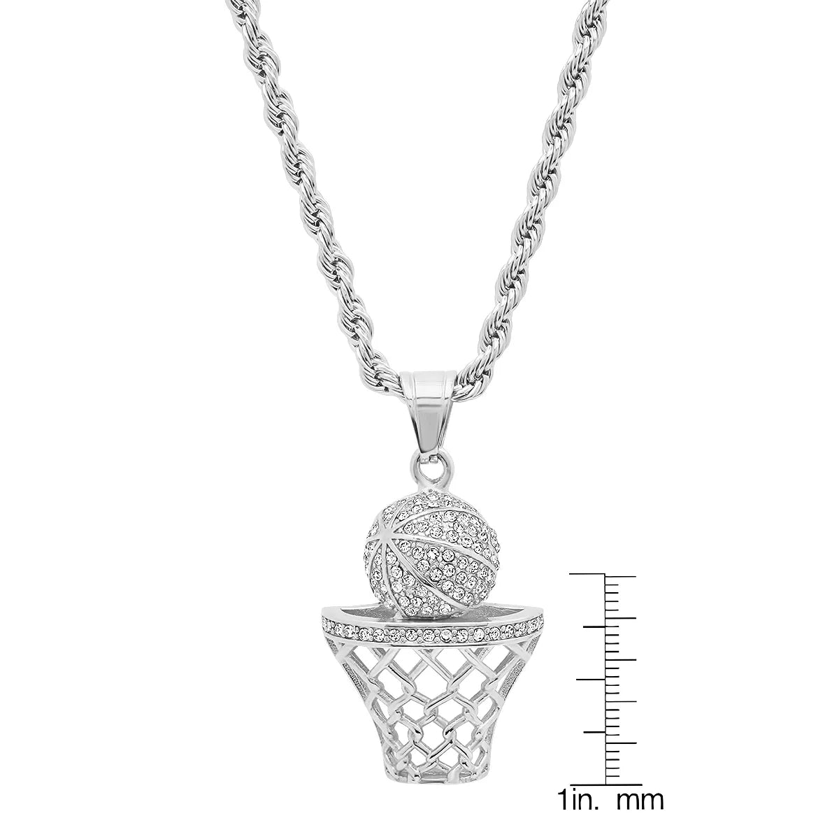 Men’s 18K Silver Plated Stainless Steel Basketball Hoop Pendant Necklace