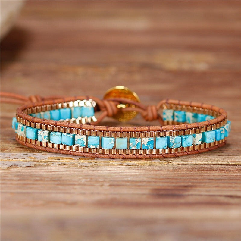 Natural Turquoise Stone Cube Beaded Bracelet Blue Gemstone Braided Bracelet