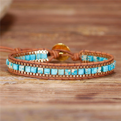 Natural Turquoise Stone Cube Beaded Bracelet Blue Gemstone Braided Bracelet