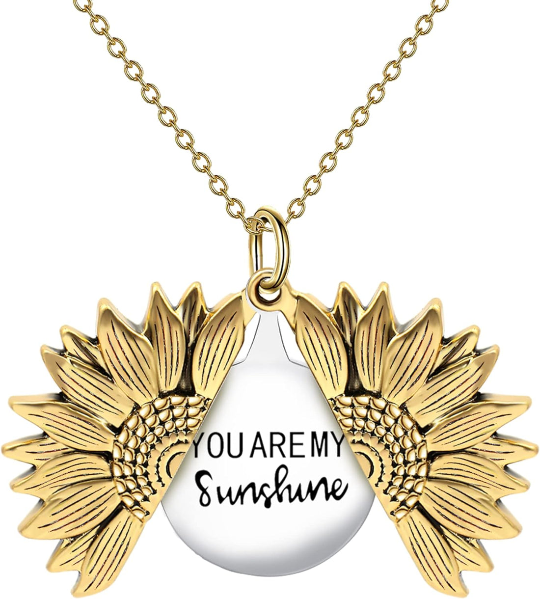 “You Are My Sunshine” Engraved Sunflower Locket Necklace – Inspirational Jewelry Gift for Women, Girlfriend, Mom, or Daughter