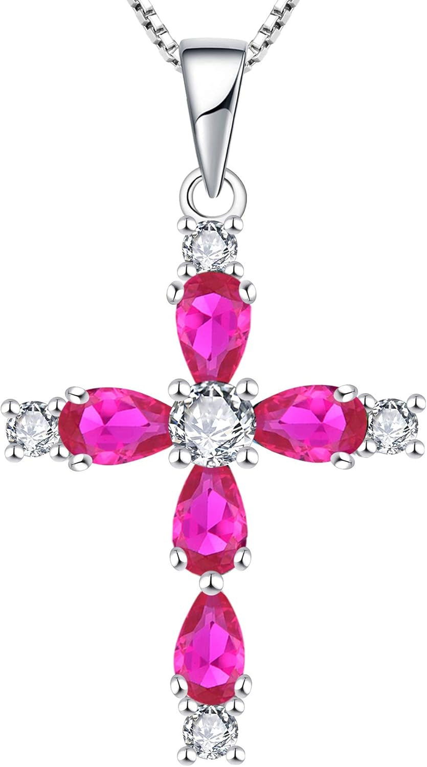 925 Sterling Silver Cross Necklace for Women – Halo Gemstone Birthstone Pendant, Religious Jewelry for Mom