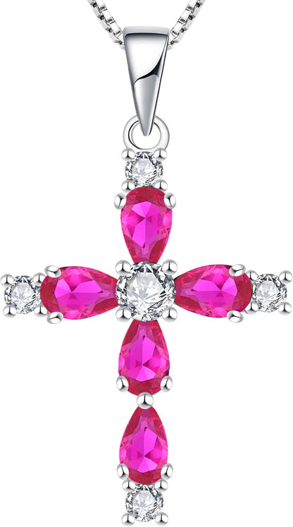 925 Sterling Silver Cross Necklace for Women – Halo Gemstone Birthstone Pendant, Religious Jewelry for Mom