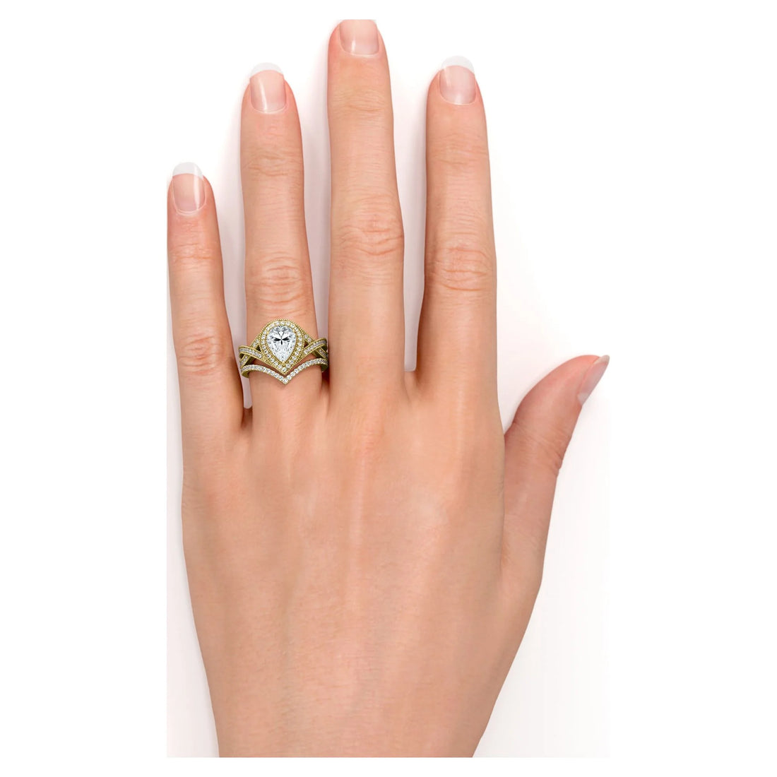 1.5 Carat Pear Cut Moissanite Wedding Set – Art Deco Halo Bridal Ring in 18K Yellow Gold over Silver