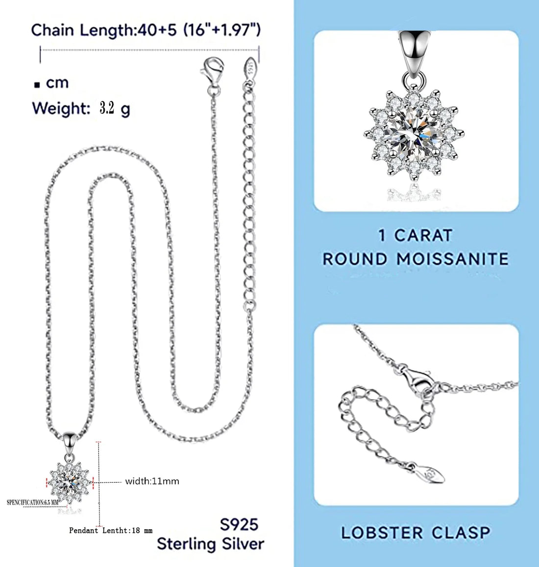 1 Carat Moissanite Pendant Necklace – 925 Sterling Silver with 18K Gold Plating, Dainty Diamond Jewelry for Women