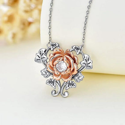 925 Sterling Silver Rose Flower Heart Pendant Necklace – Elegant Jewelry for Women