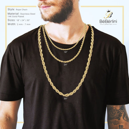 Rope Chain Necklace 14K Gold Plated Stainless Steel – Twisted Link Fashion Jewelry for Men, 24&quot; Length, 4mm Width