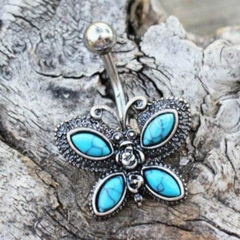 Butterfly Navel Ring – Turquoise Belly Button Jewelry, Antique Black Plated Stainless Steel