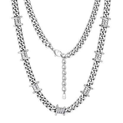 7MM Cuban Link Thorns Choker Necklace – Barbed Wire Design, Hip-Hop Punk Jewelry for Men