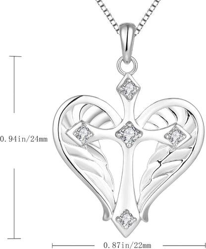 925 Sterling Silver Cross Necklace – Heart &amp; Angel Wings Pendant for Women