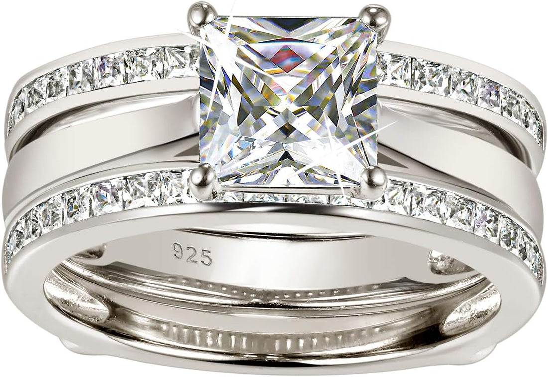Princess Bridal Ring Set for Women – CZ Wedding Band Guard Enhancer – 925 Sterling Silver, Sizes 4-13